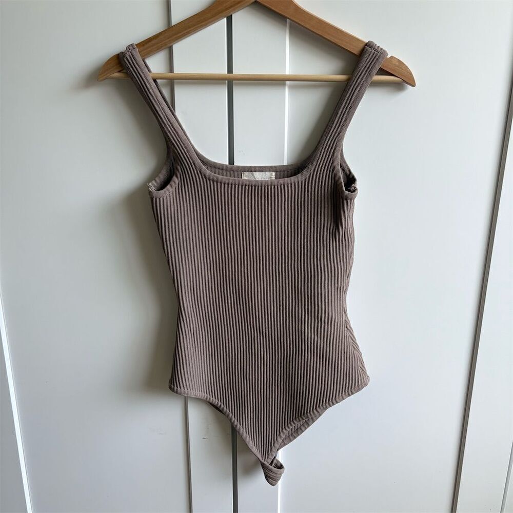 Altar’d State Taupe Ribbed Sleeveless Bodysuit Size S Casual
